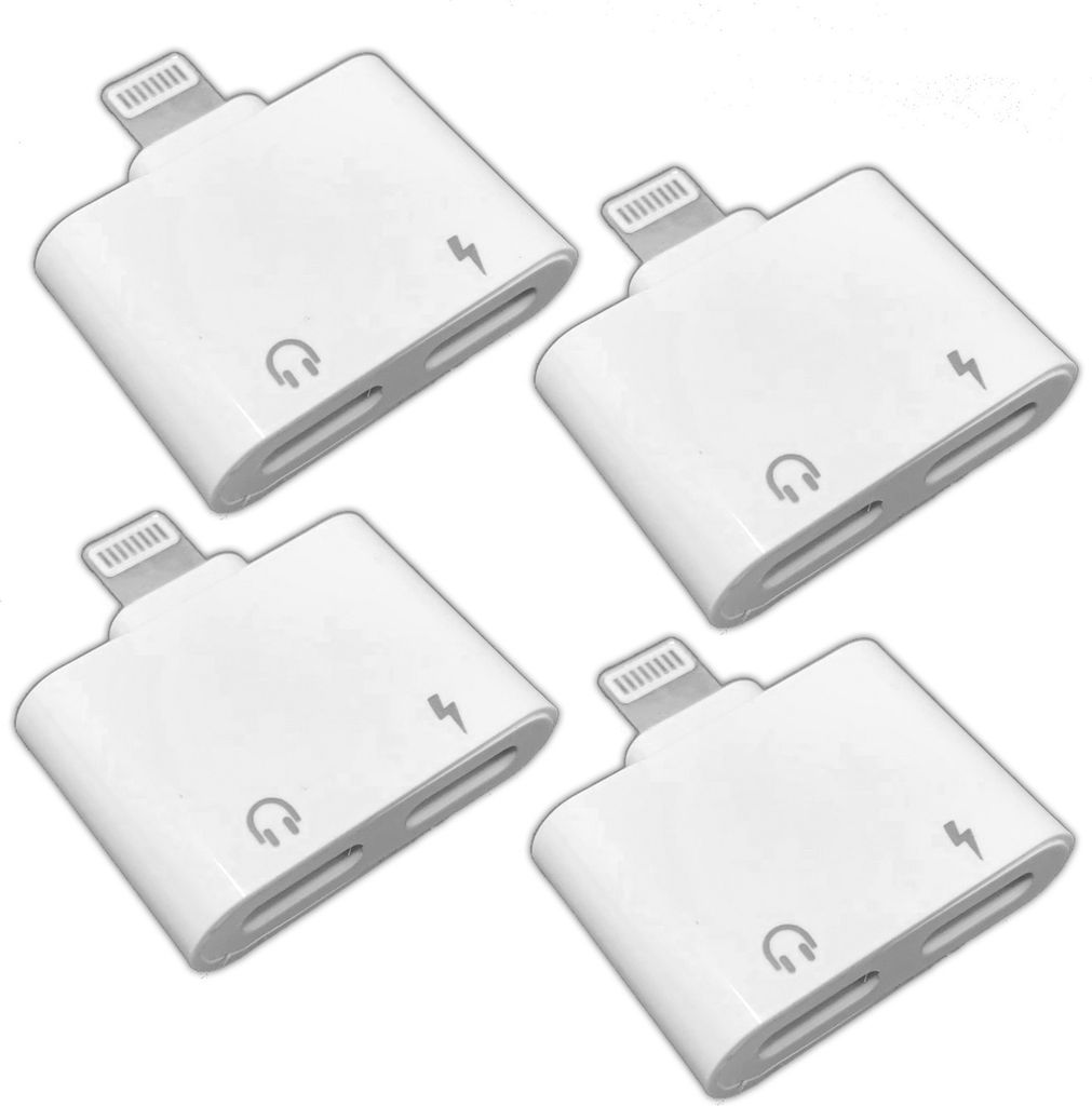 4er Set Lightning Audio- & Ladeadapter für iPhone | 2in1 Splitter für Musik & Laden | Dual Lightning Adapter weiß