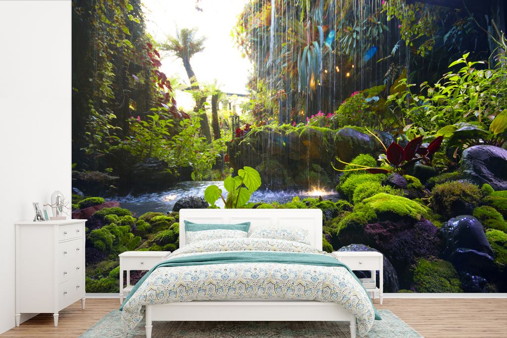 MuchoWow Fototapete für Wohnzimmer oder Schlafzimmer Wandtapete Vinyl Motivtapete Tropischer Wasserfall - 450x300 cm - Gemusterte