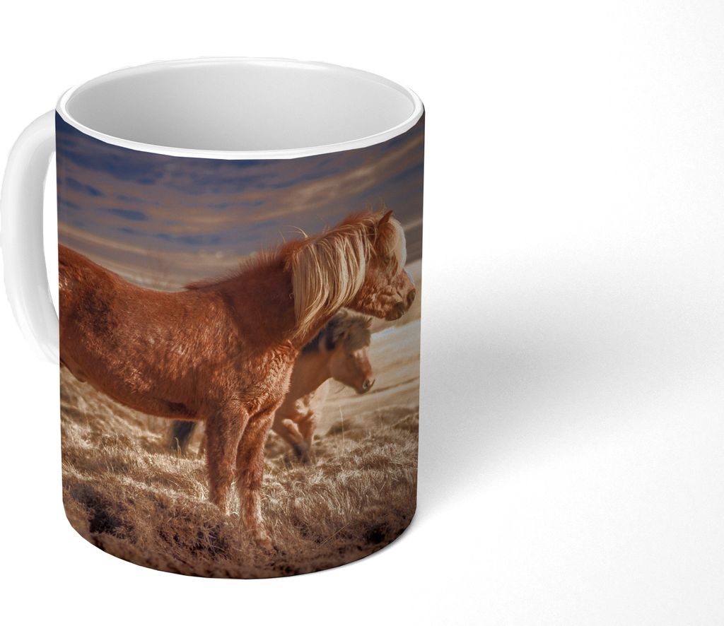 MuchoWow Tasse Kaffeetasse Kaffeebecher 350 ml Zwei Islandpferde bei Sonnenuntergang Teetasse - Fototasse - Becher - Keramikbecher - Teebecher - ...