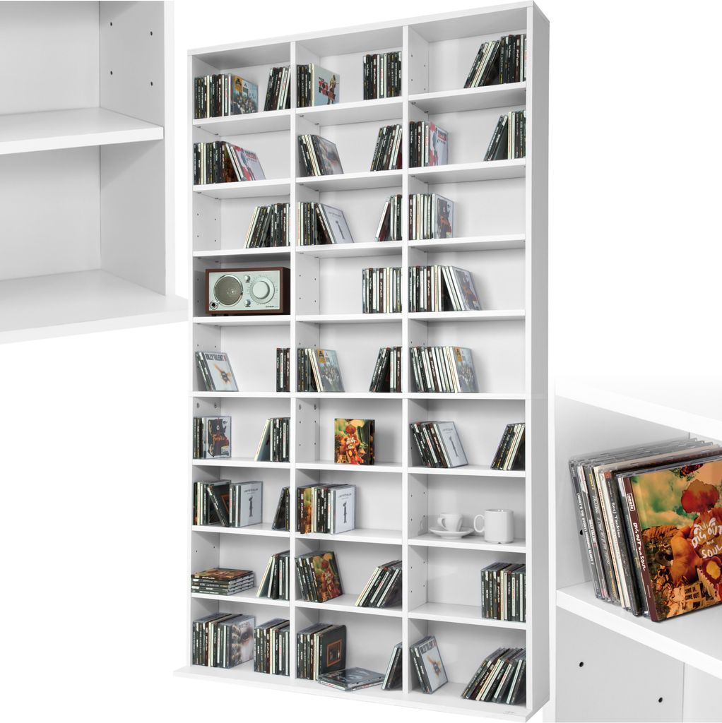 A white CD/DVD storage shelf unit filled with CDs and DVDs.