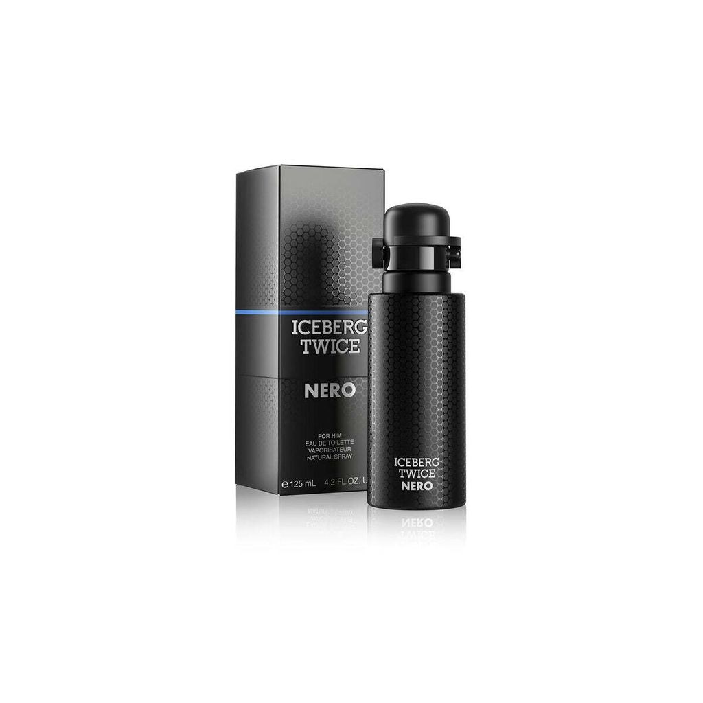 A black bottle of Iceberg Twice Nero Eau de Toilette for men and its packaging are displayed on a white background.