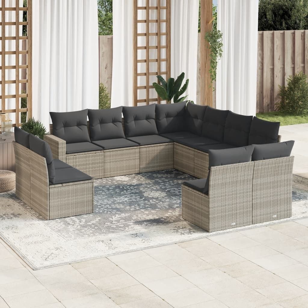 "2026 Promotion" 11-tlg. Garten-Sofagarnitur mit Kissen Hellgrau Poly Rattan - Gartenstühle CC12655