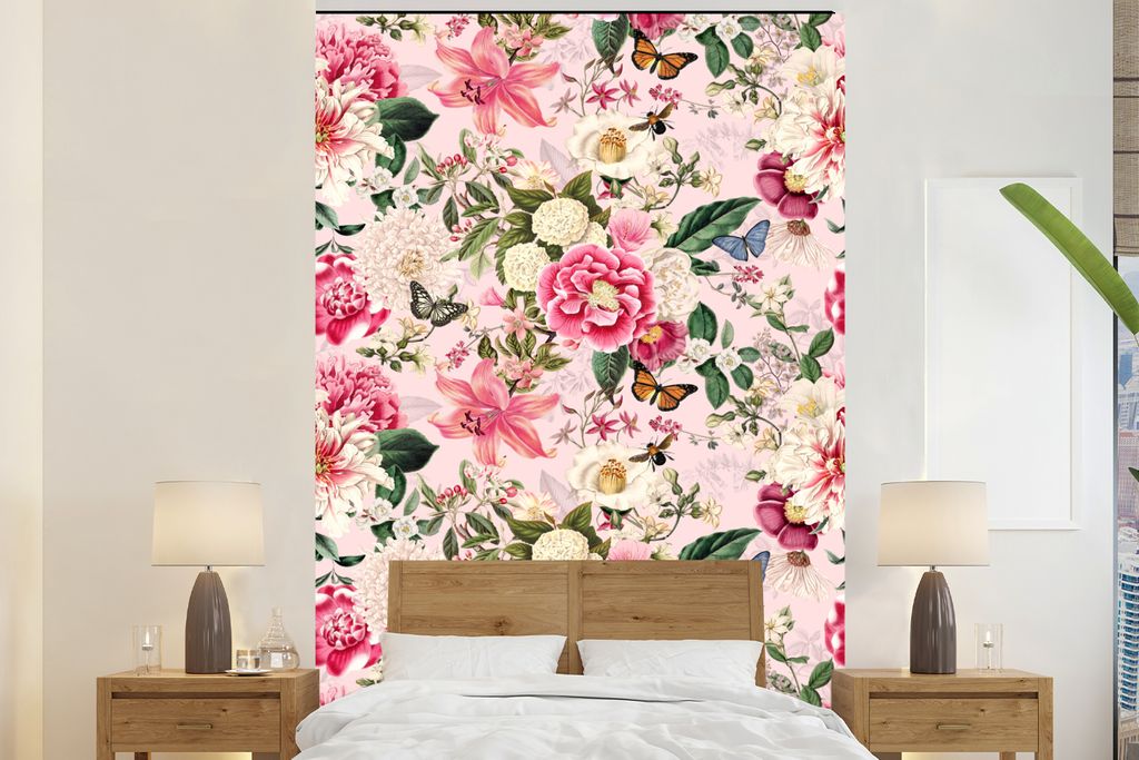 MuchoWow Fototapete für Wohnzimmer oder Schlafzimmer Wandtapete Vinyl Motivtapete Lilie - Blumen - Insekten - 195x300 cm - Das Hintergrundbild