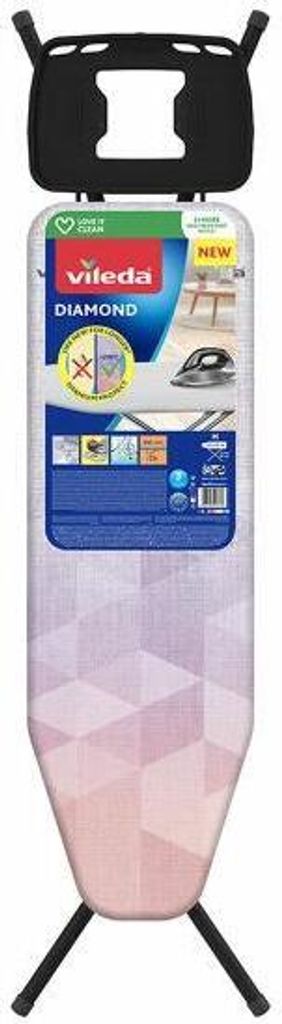 A Vileda Diamond ironing board is shown standing upright against a white background. The ironing board has a black top piece with a large cutout and two handles. The ironing board cover is pink and white with a geometric pattern. There is packaging informa