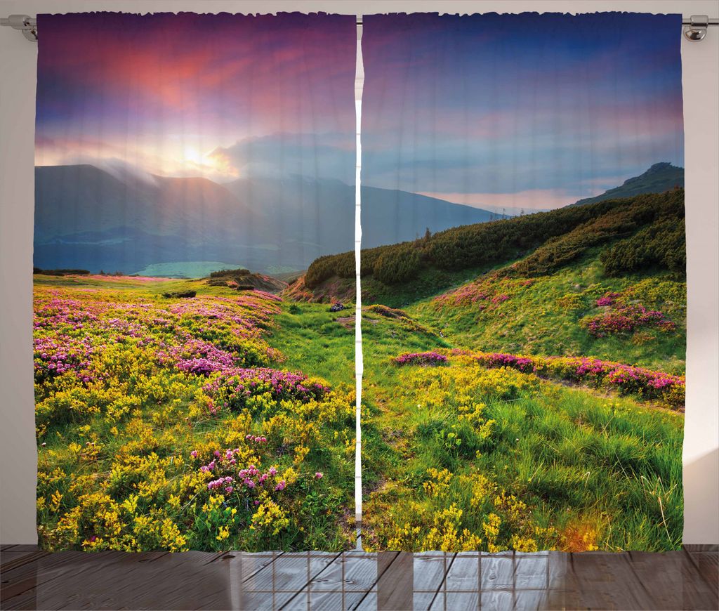 ABAKUHAUS Natur Rustikaler Gardine, Sommer-Szene Blumen, Schlafzimmer Kräuselband Vorhang mit Schlaufen und Haken, 280 x 245 cm, Grün Blau Rosa
