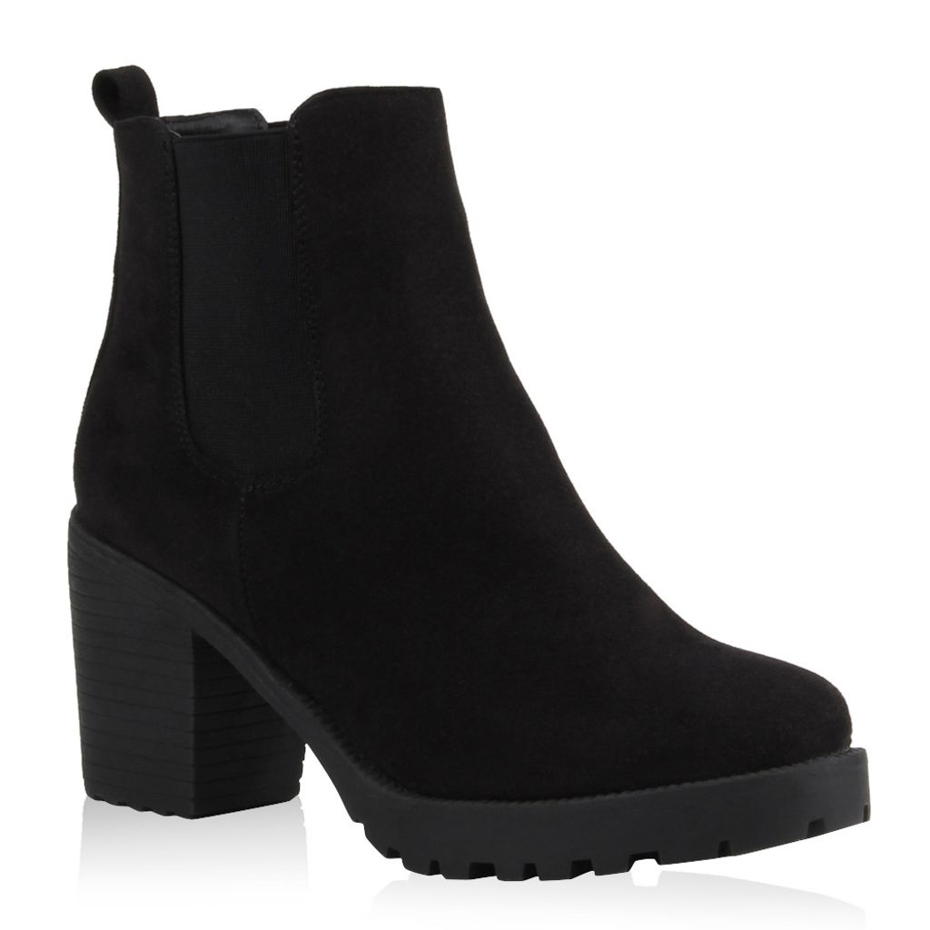 Damen Stiefeletten Blockabsatz Chelsea Boots Profilsohle 77054 Schuhe 