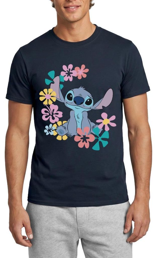 Lilo & Stitch | Stitch Mit Hawaiianischen Blumen Männer T-Shirt, XL, Navy