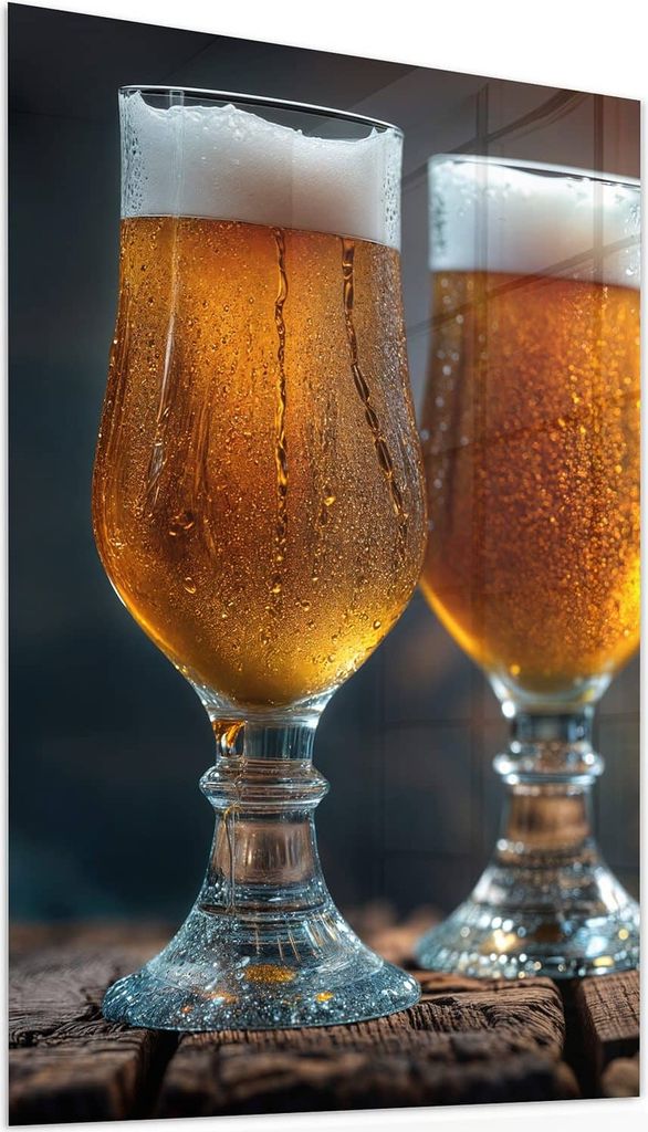 Glasbild 60x90cm in XXL für Wohnzimmer, Schlafzimmer Motiv Zwei Biergläser Holz