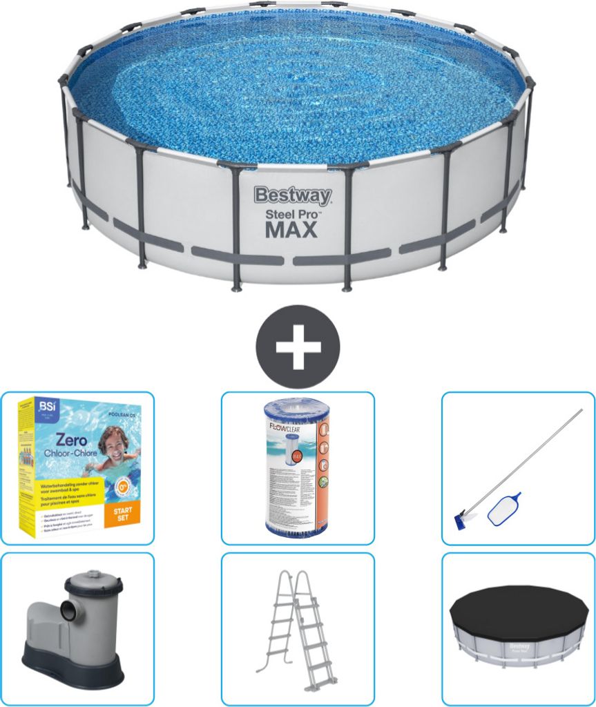 Bestway Round Steel Pro MAX Schwimmbad – 488 x 122 cm – Grau – inklusive Pumpe – Leiter – Abdeckung Wartungspaket - Filter - Reinigungskit
