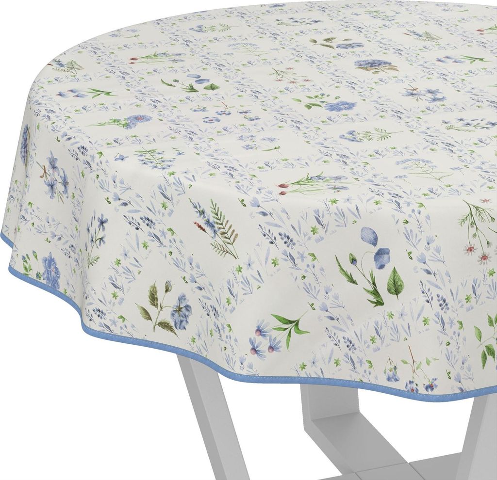 Tischdecke Floral Blumenkaro Blau Rund 120cm mit Band-Kante Wachstuch abwaschbar
