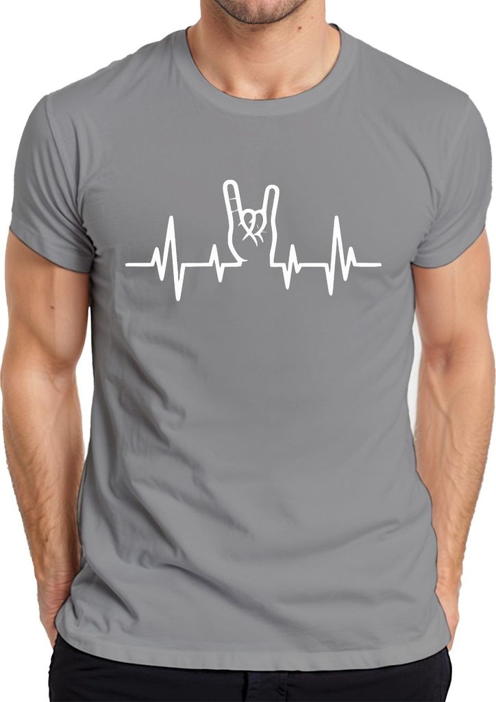 Herzschlag EKG Rock Handzeichen Metal Konzert Musiker Heavy Metal Herren T-Shirt, Grau, L
