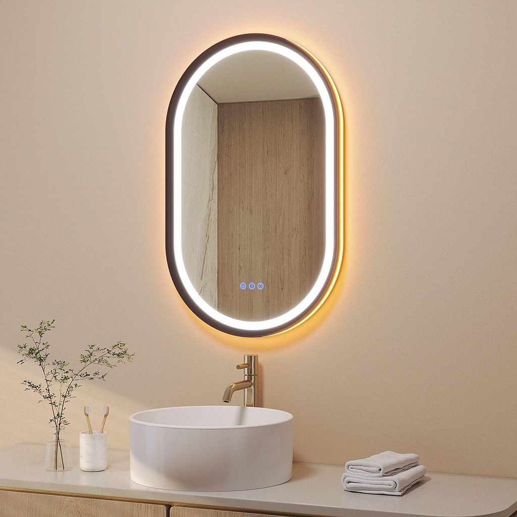 LED Badspiegel Oval 50 x 80 cm Wandspiegel mit Beleuchtung Antibeschlag Touchschalter Dimmbarer Lichtspiegel Badezimmerspiegel Mattschwarzer Alumin...