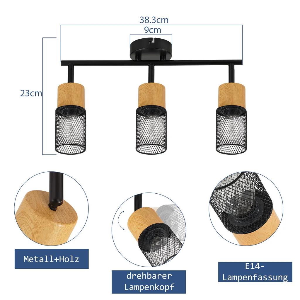 Spot de Plafond en Bois Rétro avec 3 Projecteurs Pivotants pour Salon - 3