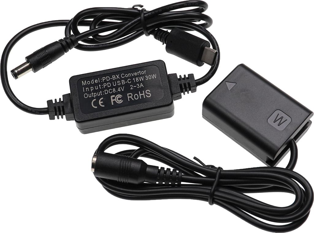 vhbw USB Netzteil kompatibel mit Sony ZV-E10 Kamera, Digitalkamera + DC Kuppler (Ersatz für Sony), 2m