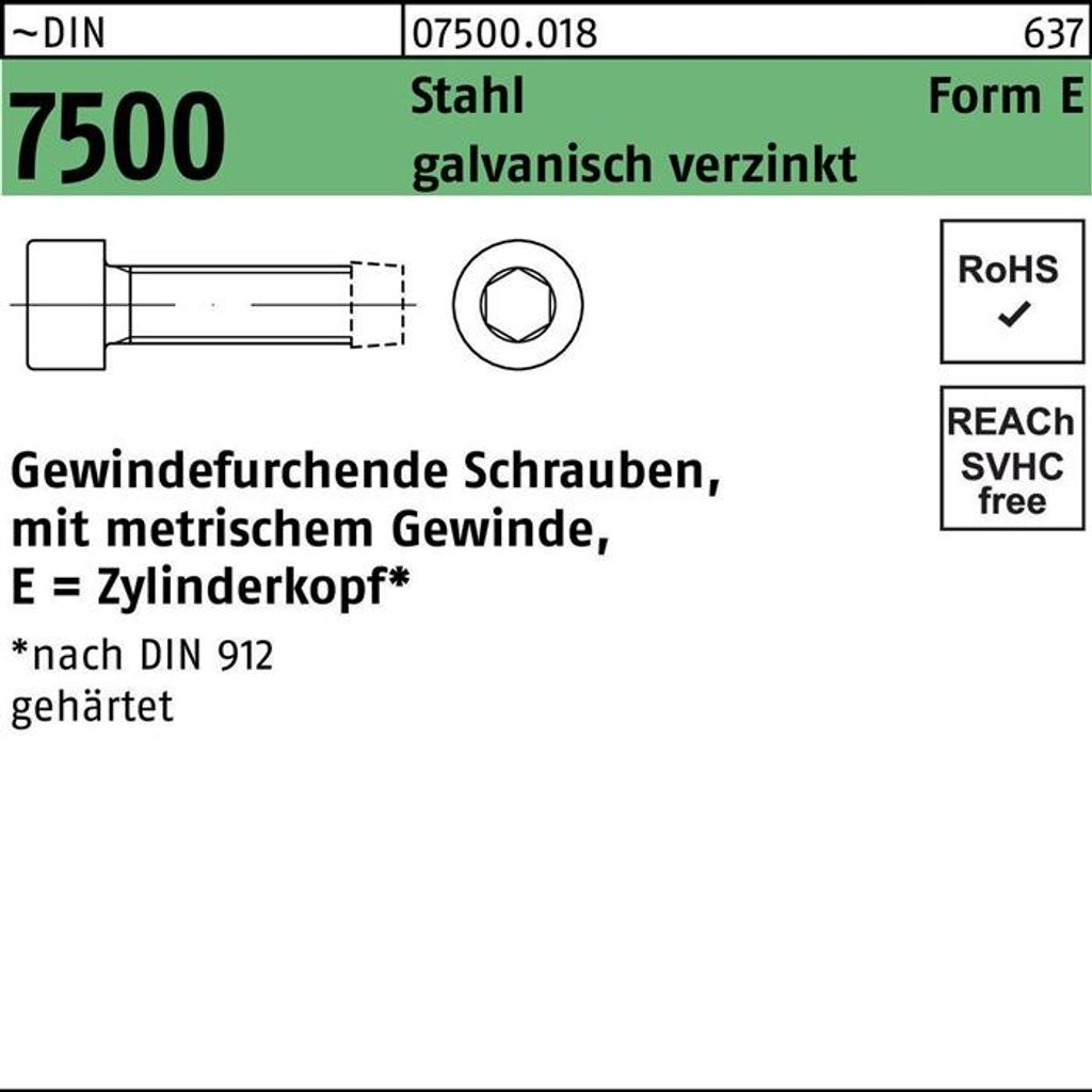 Gewindefurchendeschraube DIN 7500 Zylinderkopf m.Innensechskant E M 6 x 8 Stahl galvanisch verzinkt