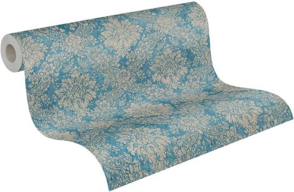 Unyqoos Stylish Non-Woven Wallpaper mit barockem Blumenmuster und metallischen Akzenten, braun-blau