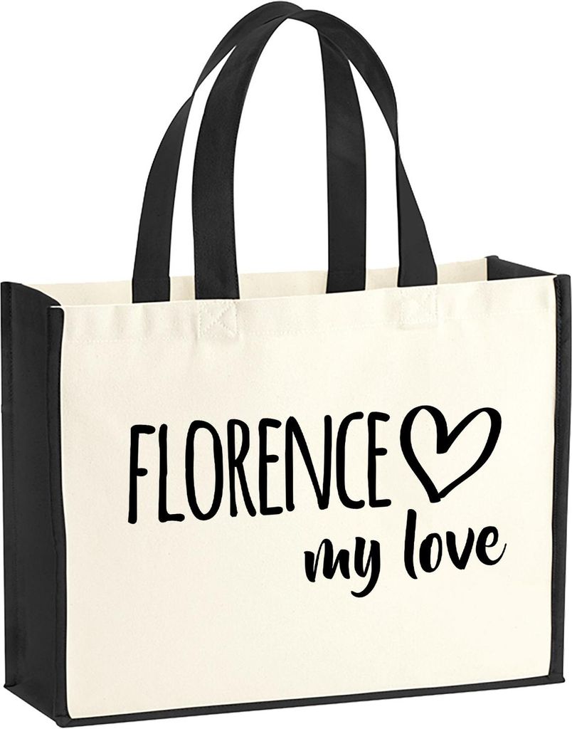 Huuraa Jutetasche Florence my love 21 Liter Black Jute und Baumwolle Einkaufstasche Geschenkidee