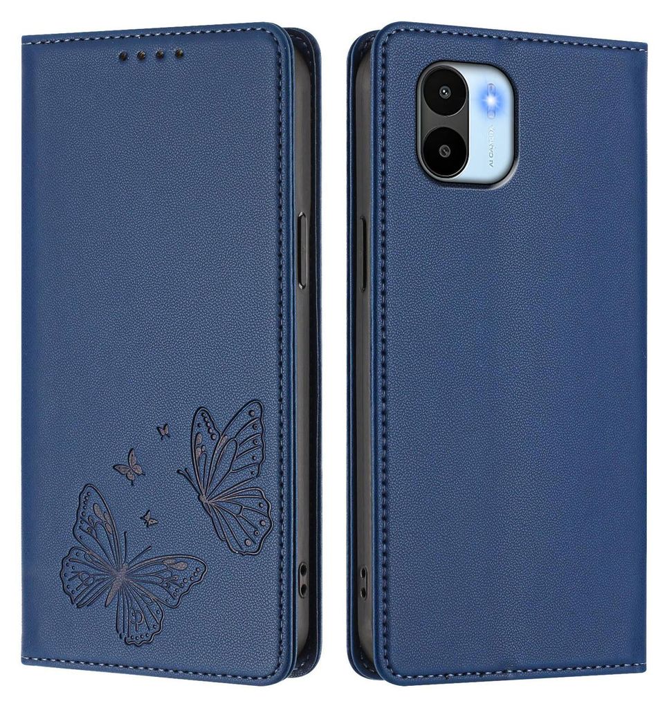 Lederhülle für Xiaomi Redmi A1 / A2, Schmetterling Prägung Leder Brieftasche Schutzhülle mit Ständer Dunkelblau