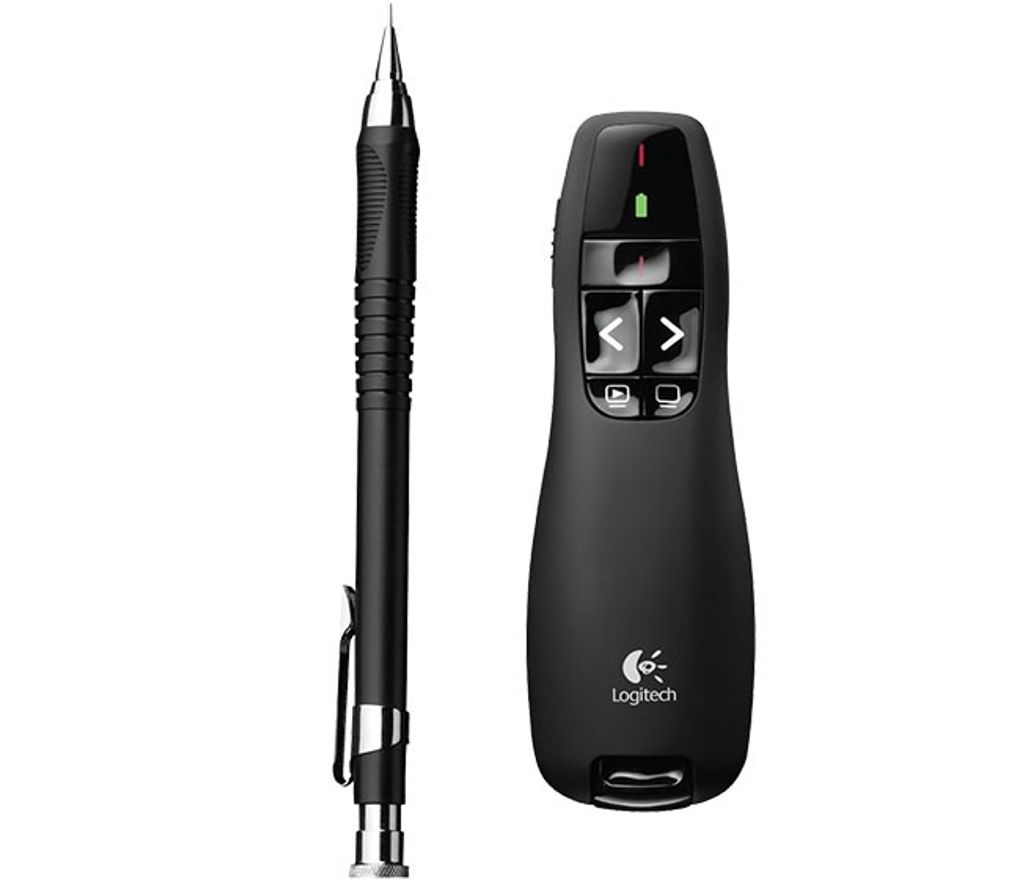 A black wireless presenter and a black mechanical pencil are shown side-by-side against a white background.
