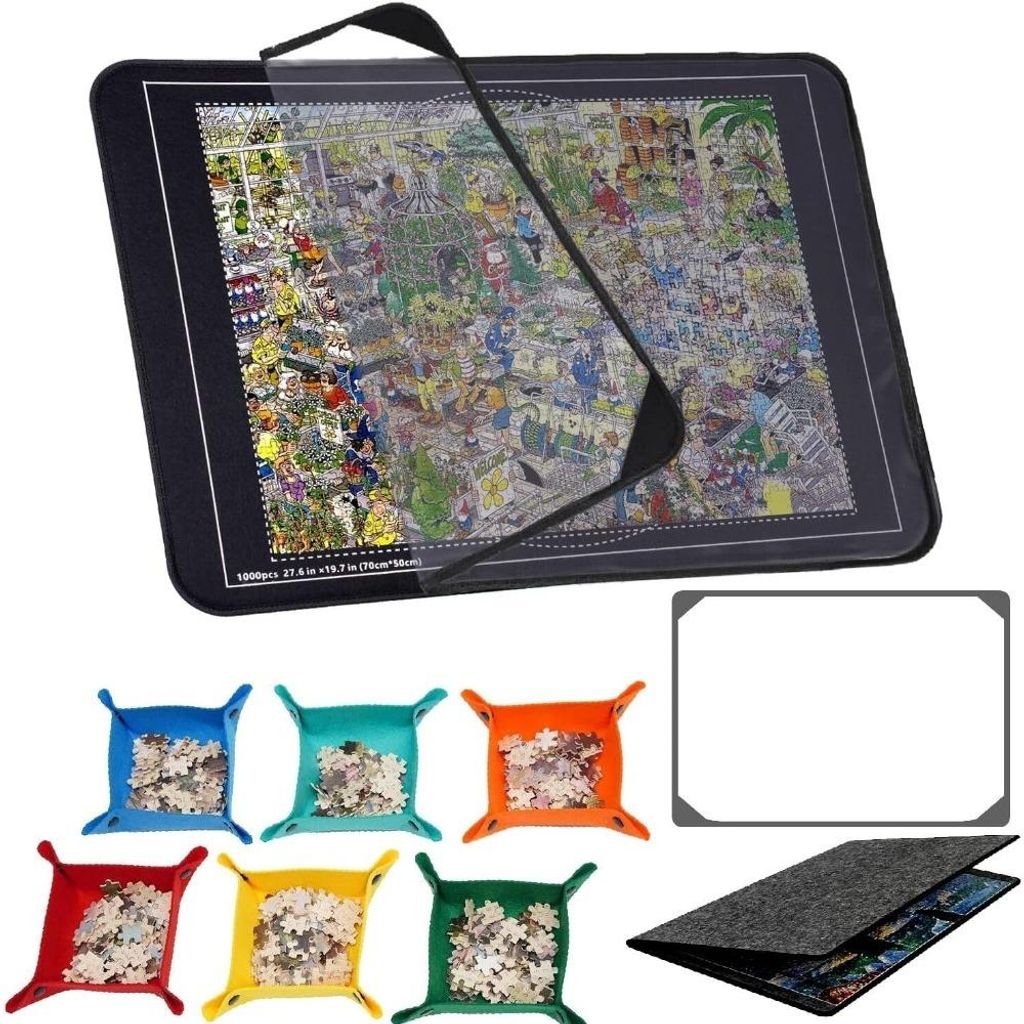 Puzzlematte, Puzzlematte mit Transparenter Puzzle Aufbewahrung, für Puzzle bis 1000, Riesenfilzmatte zur Aufbewahrung von Puzzles mit 6 Sortiersch...