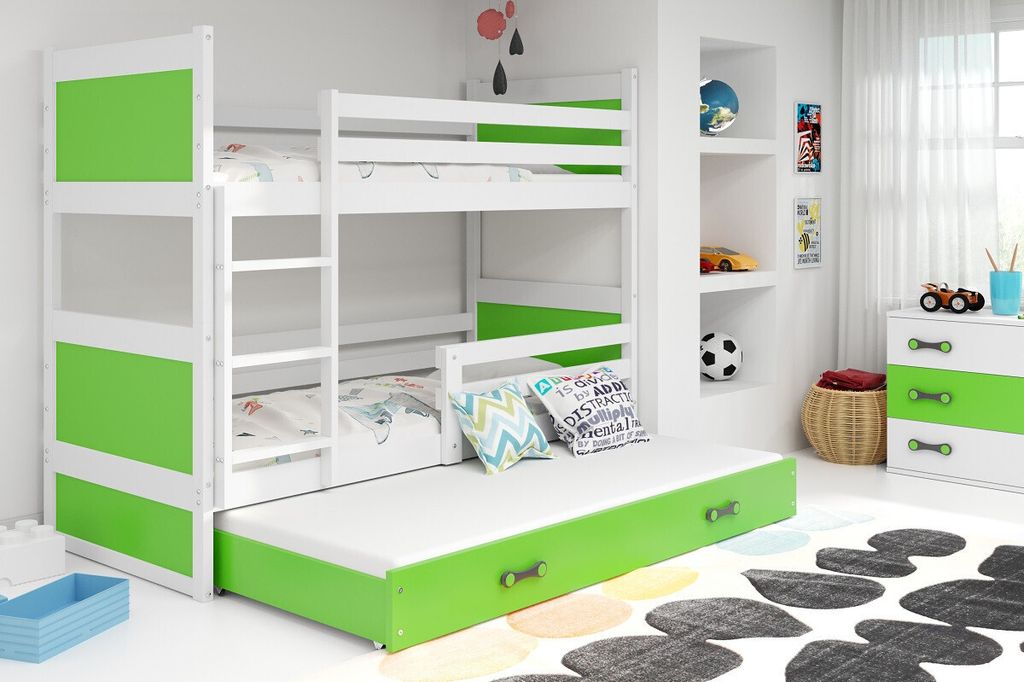 Kinderhochbett mit Zustellbett ohne Matratzen 80x160 FERGUS – Weiß / Grün