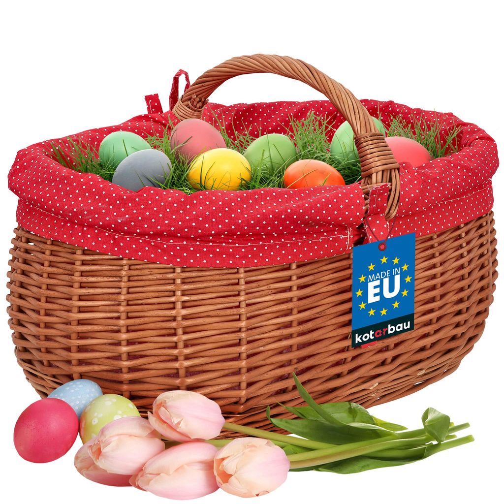 KOTARBAU Weidenkorb mit Henkel 47x31x32cm Korb mit Henkel Einkaufskorb mit Stoffeinlage in Rot Pilzkorb Erntekorb Natürlich Weide Braun