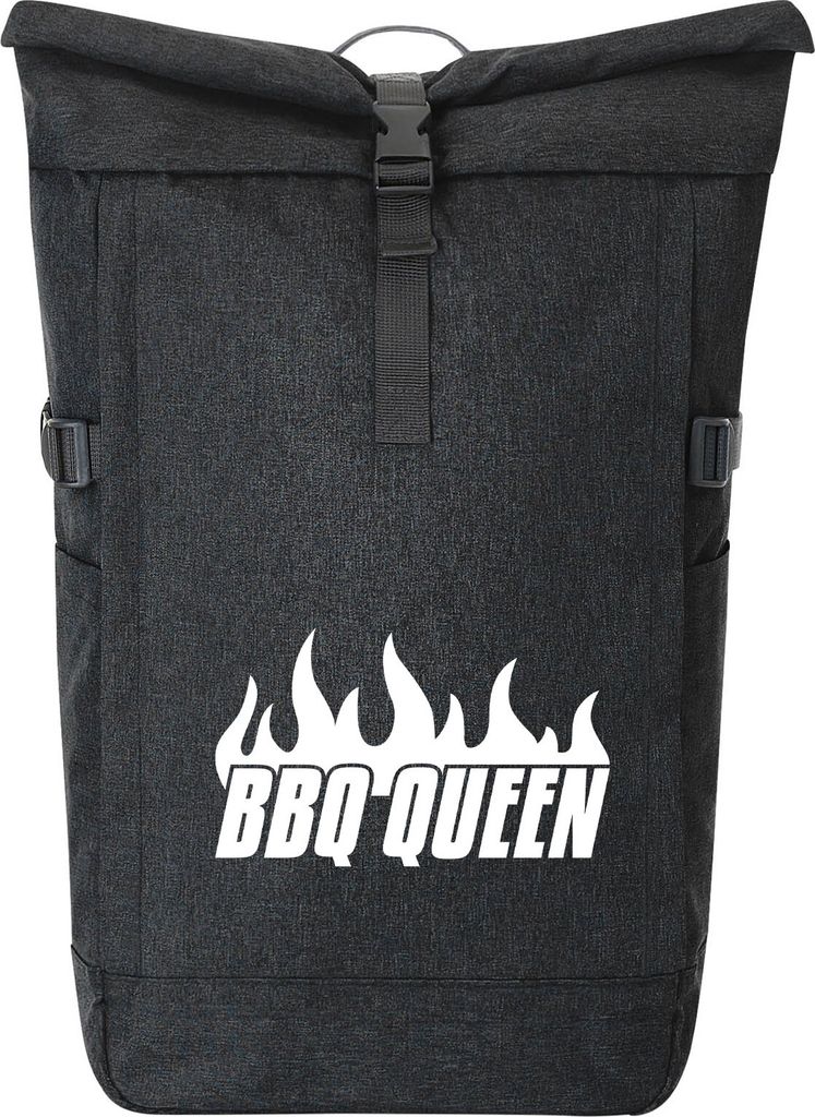 Huuraa Kurierrucksack BBQ Queen Flammen 30-44 Liter Black Melange Fairtrade Rolltop Rucksack Geschenkidee