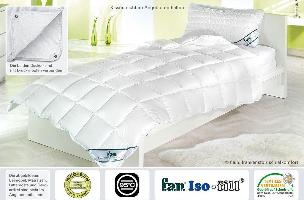 A white duvet and pillow are displayed on a bed in a brightly lit room.
