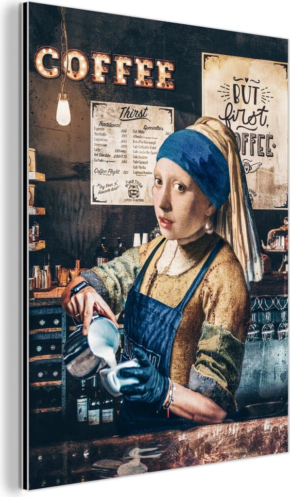 MuchoWow Wanddekoration Metall Metallbild Wandkunst 60x80 cm Cappuccino machen - Mädchen mit Perlenohrring - Kaffee - Barista - Vintage - Aber ers...