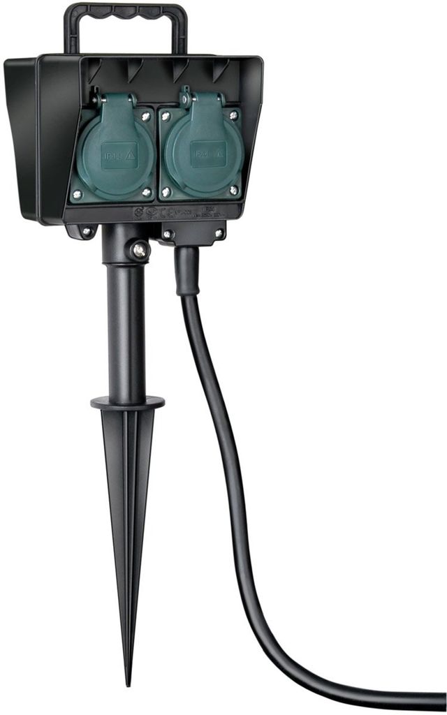 A black outdoor power strip with a ground spike and a black cable, set against a white background.