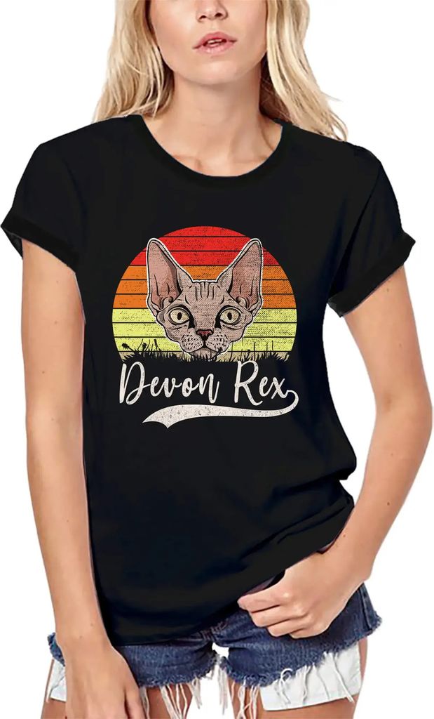 Damen Grafik T-Shirt aus Biobaumwolle Devon Rex Katze Kunst – Devon Rex Cat Art – Öko-Verantwortlich Vintage Jahrgang Kurzarm Lustige Druck Ge...