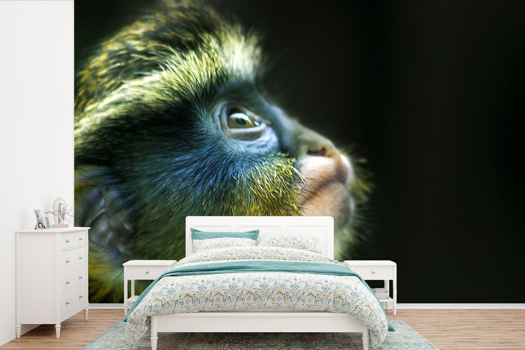 MuchoWow Fototapete für Wohnzimmer oder Schlafzimmer Wandtapete Vinyl Motivtapete Affe - Fell - Schwarz - 450x300 cm - Gemusterte