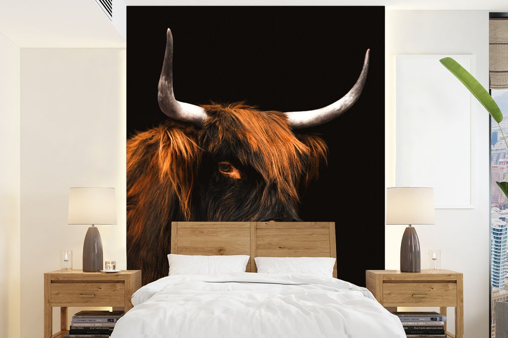 MuchoWow Fototapete für Wohnzimmer oder Schlafzimmer Wandtapete Vinyl Motivtapete Schottischer Highlander - Kuh - Schwarz - 195x260 cm - Wandbild
