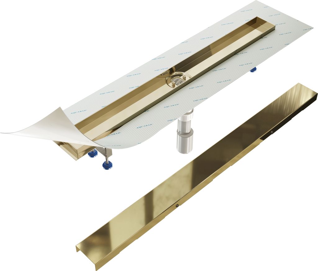 Aquabad PVD beschichtete Edelstahl Duschrinne in Gold 100 cm, inkl. Viega Siphon und Blende, Abgang senkrecht Mitte