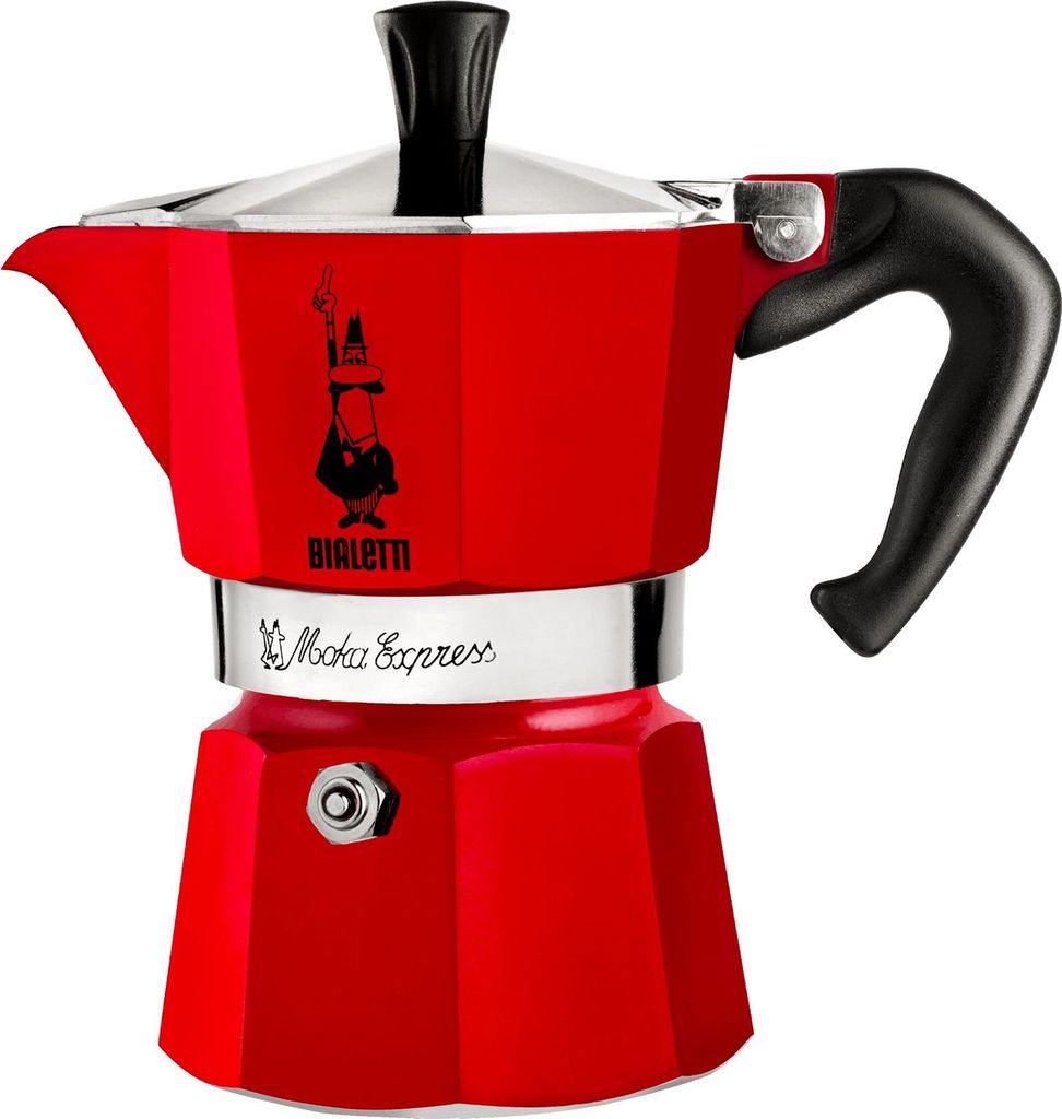 Bialetti Moka Express 3 Tassen Kaffeemaschine mit rotem Aluminiumgriff aus Thermoplastik