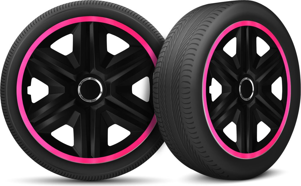 Auto Radkappen Radzierblenden 4er Set passend für alle Stahlfelgen - einstellbarer Sicherungsring - 14 Zoll - Schwarz Rosa Pink