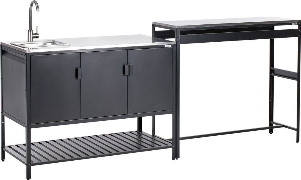BELIANI Outdoor-Küche 2er Set Schwarz Stahl mit Spüle Bartisch Edelstahlplatte Modern Gartenküche Outdoor-Küchenmöbel Kücheninsel für Garten...