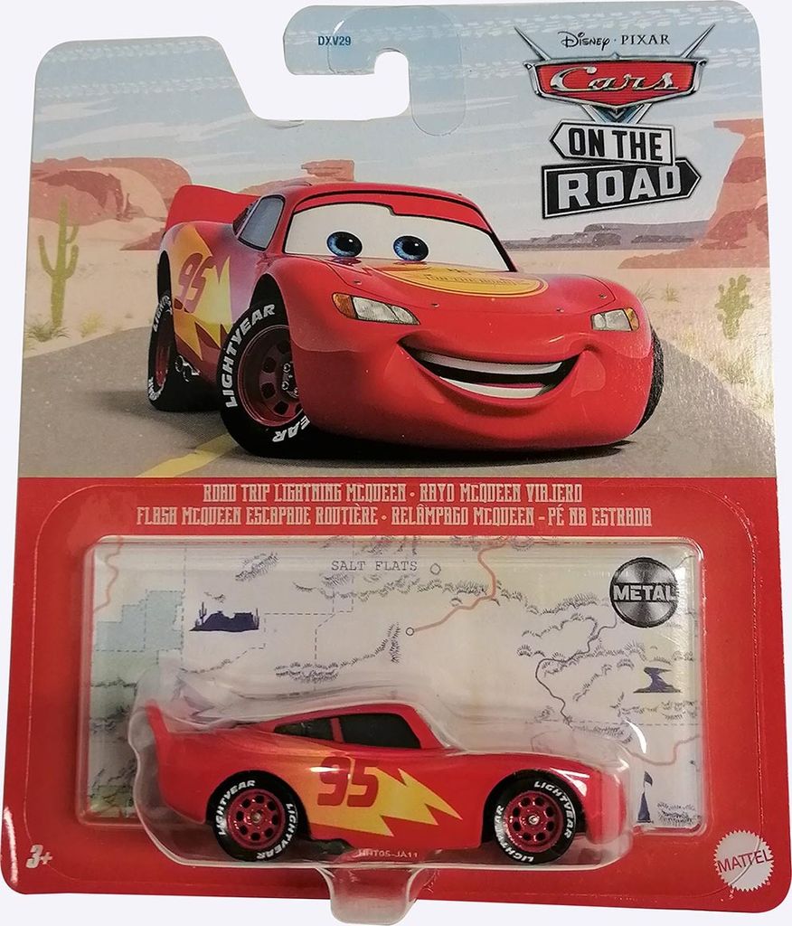 A toy car packaged for retail sale, featuring Lightning McQueen from Disney Pixar's Cars on the Road.