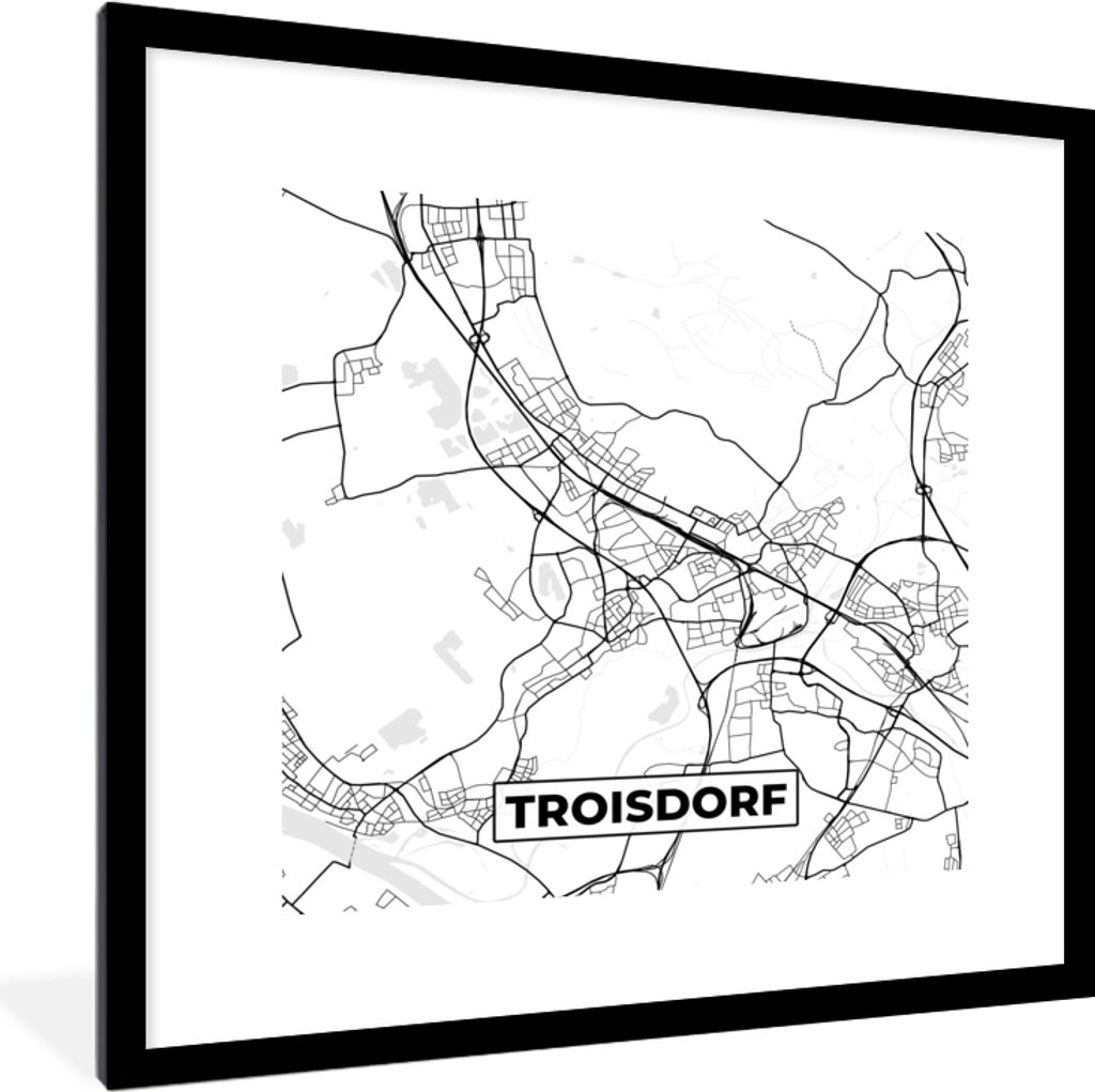 MuchoWow Gerahmtes Poster Troisdorf - Karte - Stadtplan 40x40 cm - Poster mit Schwarzem Bilderrahmen Wandposter Rahmen Foto Bilder - Poster - Pla...