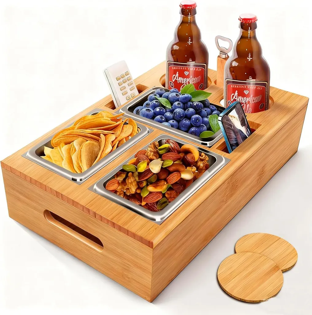 Sofa Bar en bois massif : Plateau avec coupelles inox et range-bouteille