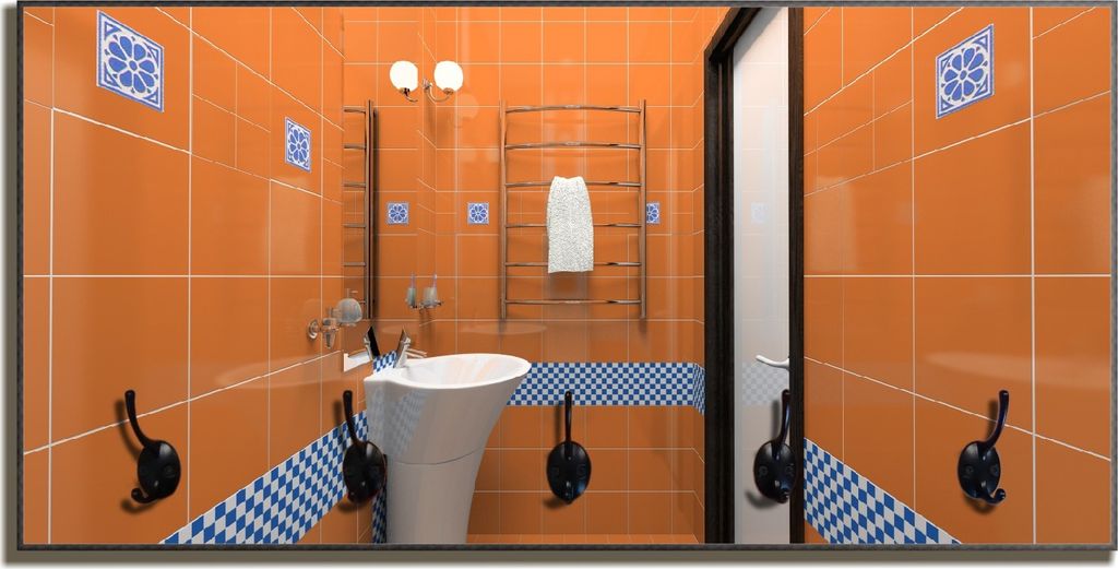 Wallario Flurgarderobe Wandgarderobe aus Holz, mit 5 Haken, Größe 80 x 40 cm, Motiv Modernes Badezimmer in orange mit blauen Fliesen