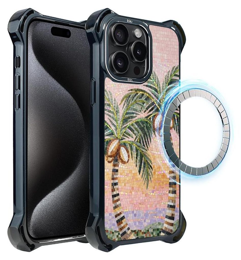 Schutzhülle für das iPhone 15 Pro, MagSafe-kompatibel, verstärkte Ecken, schwarz, Palmen, Sizilien, Mosaik