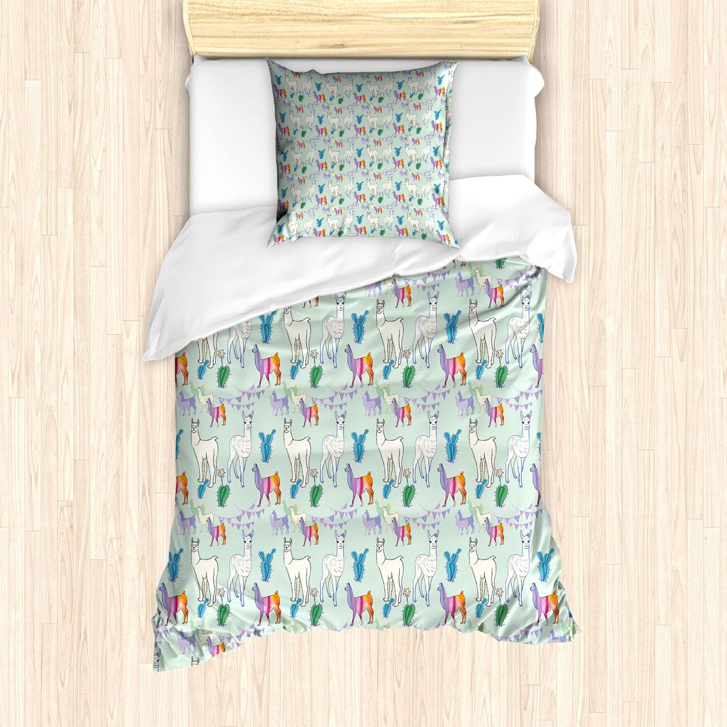 ABAKUHAUS Lama Bettbezug Set für Einzelbetten, Alpaka-Herde und Cacti Bild, Milbensicher Allergiker geeignet mit Kissenbezug, 135 cm x 200 cm - 80...