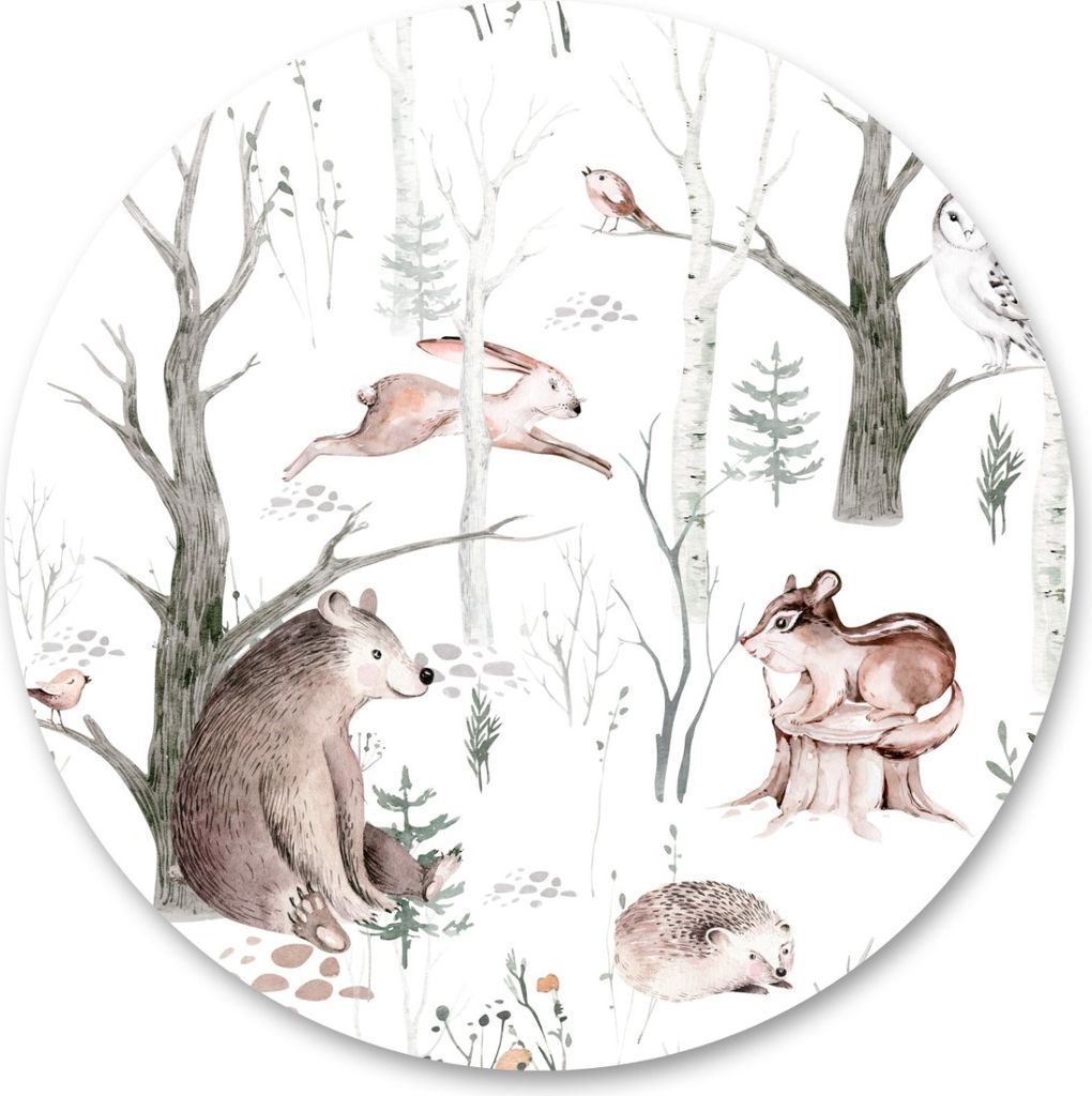 Sticker Kreis für Kinderzimmer TIERCHEN Wald Bär Eichhörnchen Igel Hase Bäume Natur Aquarell Wanddekoration 100 cm x 100 cm