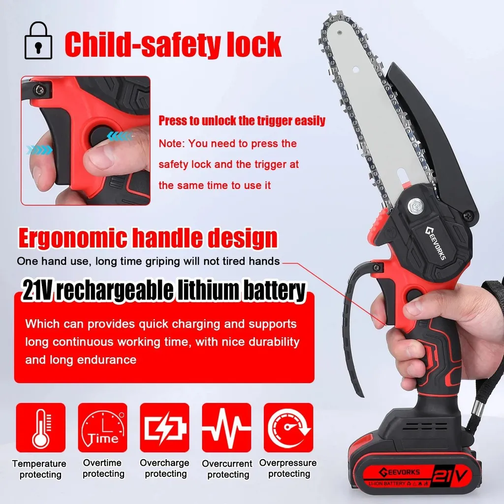 Mini tronçonneuse 21V ergonomique - Guide 15 cm pour élagage précis