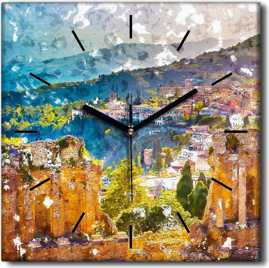 Coloray Uhr auf Leinwand 30x30 cm Wand Uhr Dekoration Wohnzimmer Segeltuch schwarze Hände -Ruinen Taormina Theater.