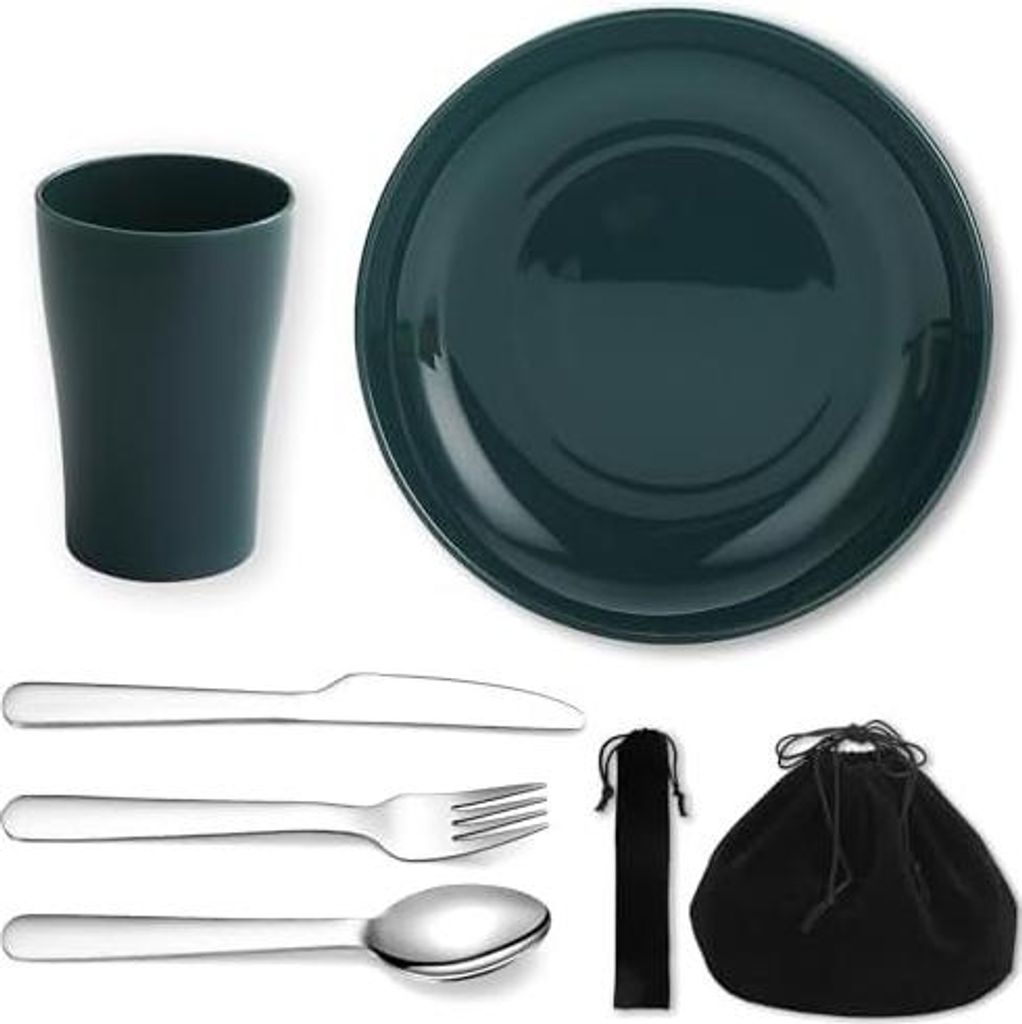 Evanda Camping Besteck Set 5 teilig, wiederverwendbarer Leichter Becher, Teller und Edelstahlbesteck mit schwarzer Tasche, für Camping 1 Person, s...