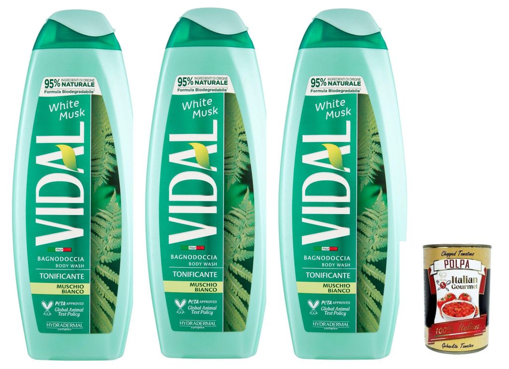 Vidal, bagnoschiuma muschio bianco, white musk weißes Moos Schaumbäder Bades bath shower foam 3x 500ml + Italian Gourmet polpa 400g