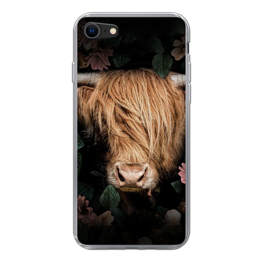 MuchoWow Handyhülle Schutzhülle Hülle für iPhone 7 Schottischer Highlander - Kuh - Blätter Silikon Softcase Handy Hülle - Kartenhalter