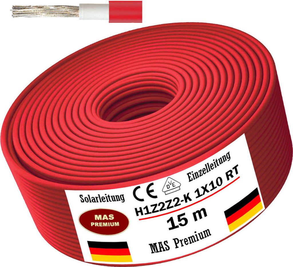 15m Solarleitung Solarkabel H1Z2Z2-K 10 mm² Rot Photovoltaik Halogenfrei